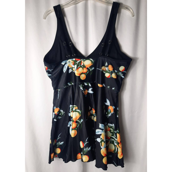 One Piece Skirted Swimsuit Black with Orange Fruit Print XXL - Picture 2 of 13